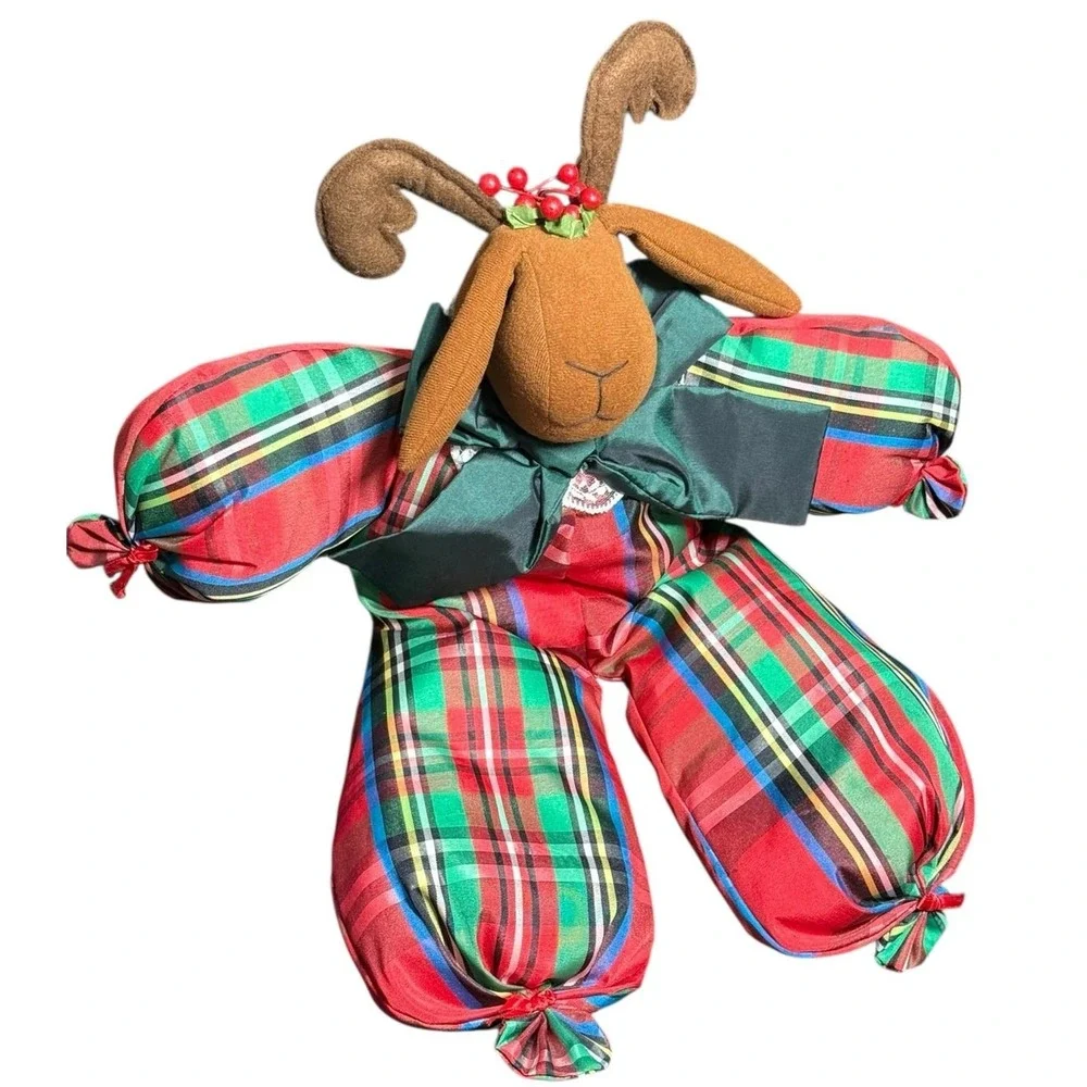 Vintage 90s Christmas‎ Reindeer Plush Stuffed Animal Tartan Plaid Sitter Nylon